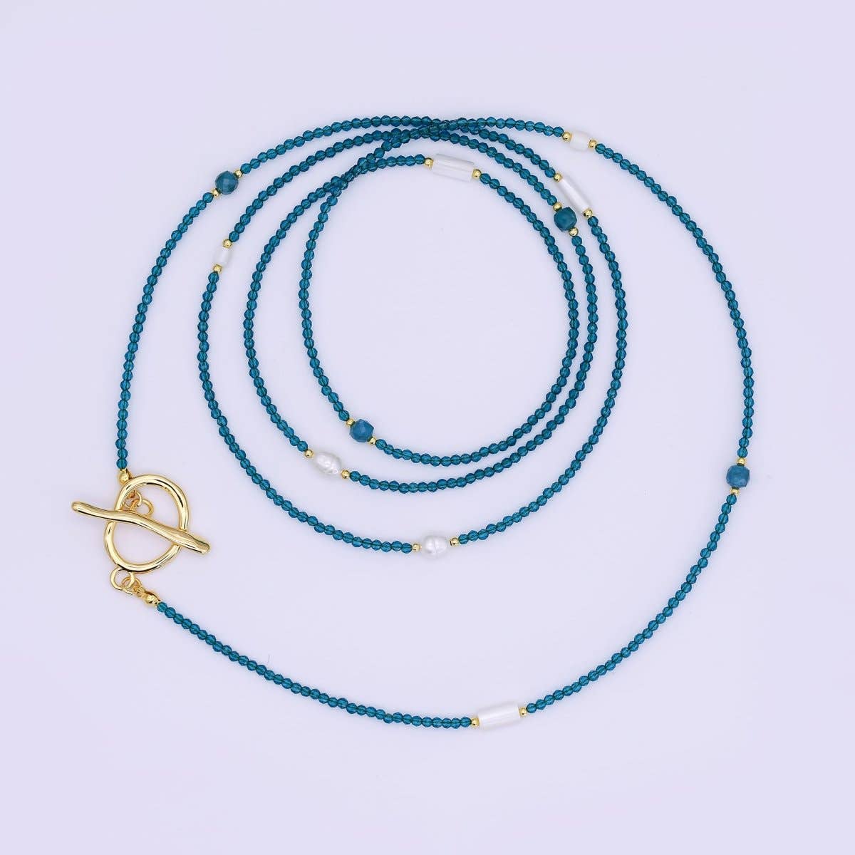 Shell Pearl Blue Gemstone Necklace | 40" | 24k Gold Plated - Spiral Circle