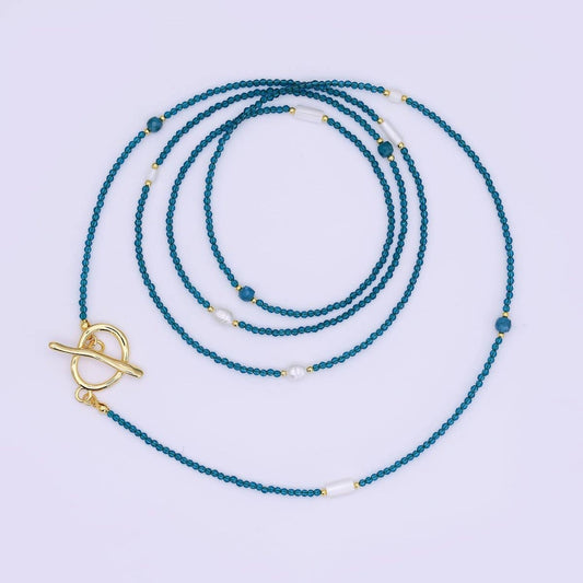 Shell Pearl Blue Gemstone Necklace | 40" | 24k Gold Plated - Spiral Circle
