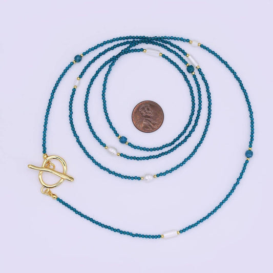 Shell Pearl Blue Gemstone Necklace | 40" | 24k Gold Plated - Spiral Circle