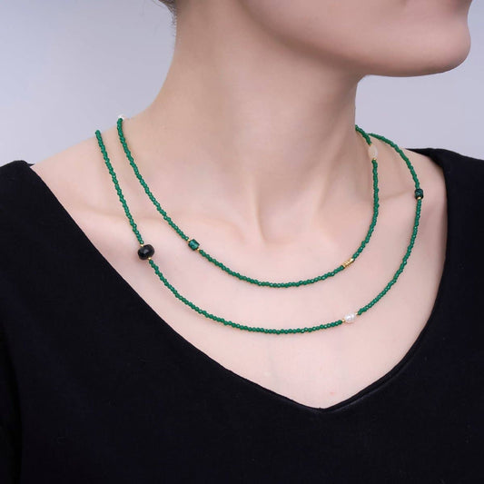 Shell Pearl Green Gemstone Necklace | 40" | 24k Gold Plated - Spiral Circle