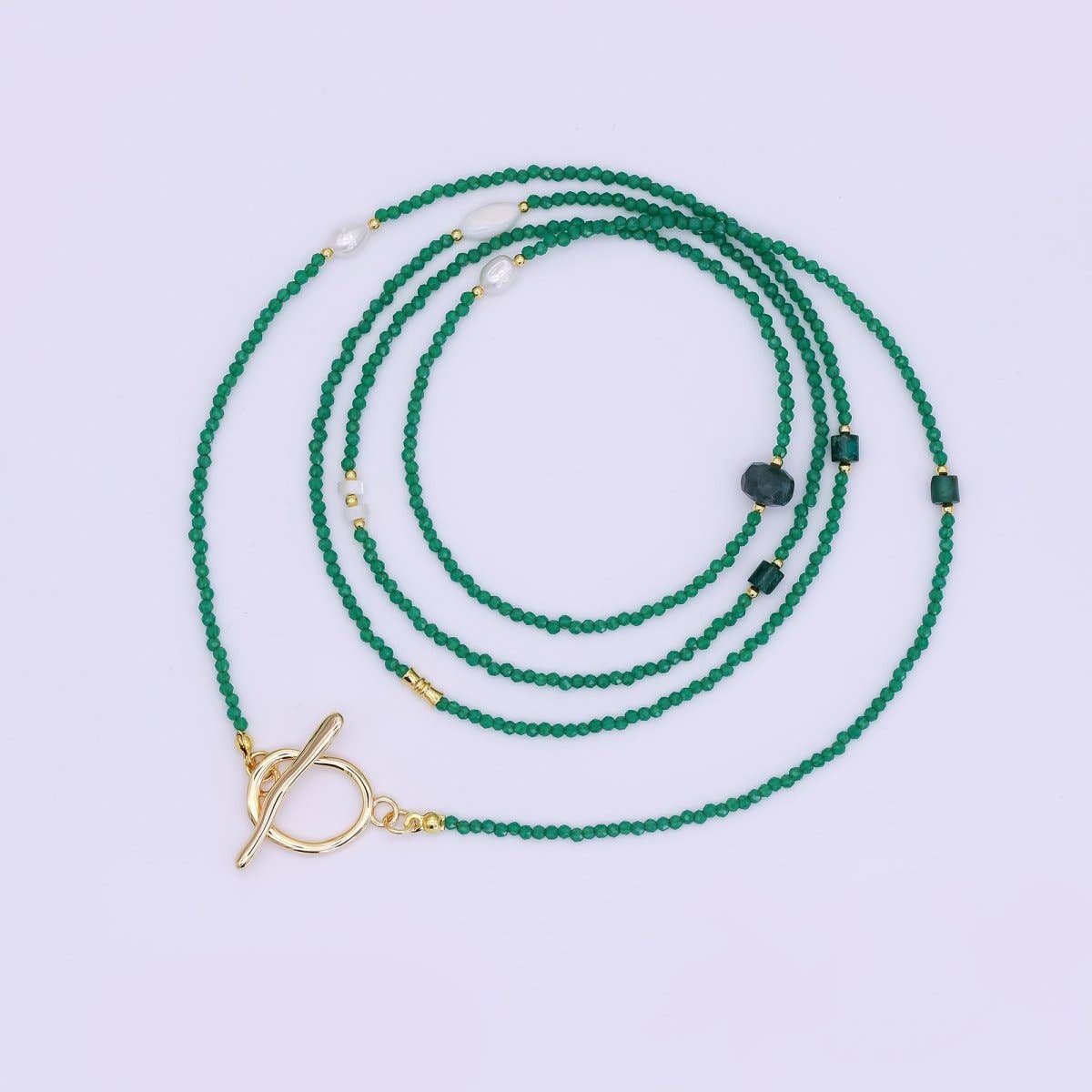 Shell Pearl Green Gemstone Necklace | 40" | 24k Gold Plated - Spiral Circle