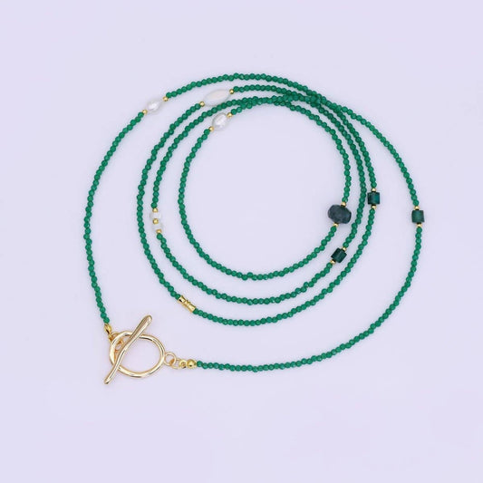 Shell Pearl Green Gemstone Necklace | 40" | 24k Gold Plated - Spiral Circle