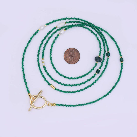 Shell Pearl Green Gemstone Necklace | 40" | 24k Gold Plated - Spiral Circle
