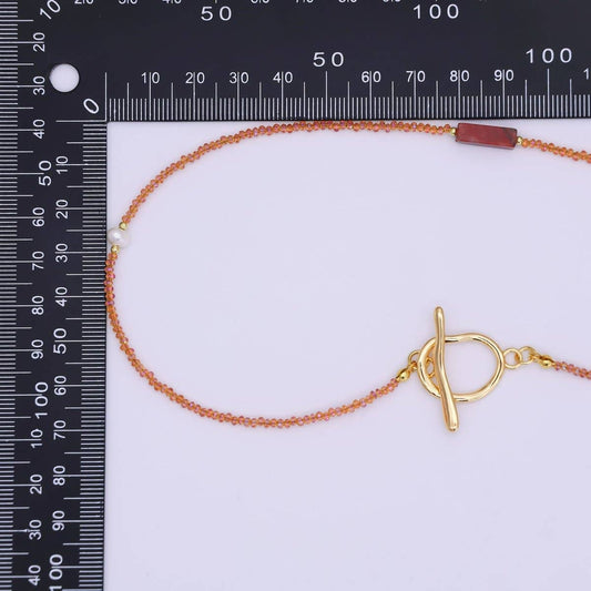 Shell Pearl Red Carnelian Orange Gemstone Necklace | 40" | 24k Gold Plated - Spiral Circle