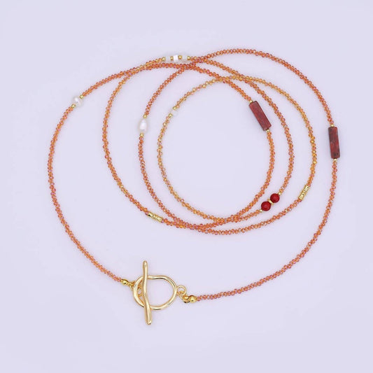 Shell Pearl Red Carnelian Orange Gemstone Necklace | 40" | 24k Gold Plated - Spiral Circle