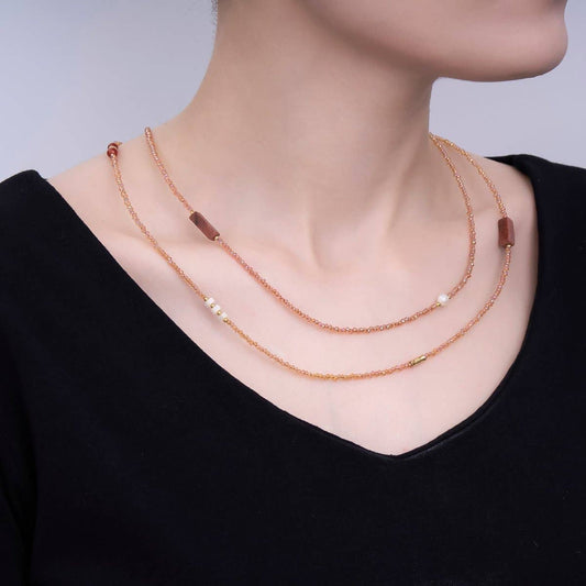 Shell Pearl Red Carnelian Orange Gemstone Necklace | 40" | 24k Gold Plated - Spiral Circle