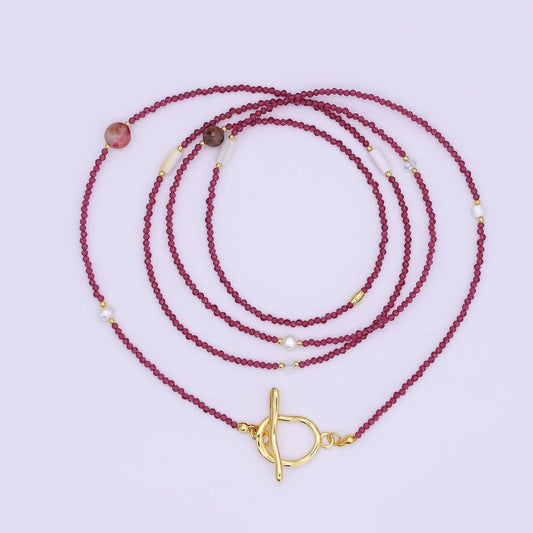 Shell Pearl Red Gemstone Necklace | 40" | 24k Gold Plated - Spiral Circle