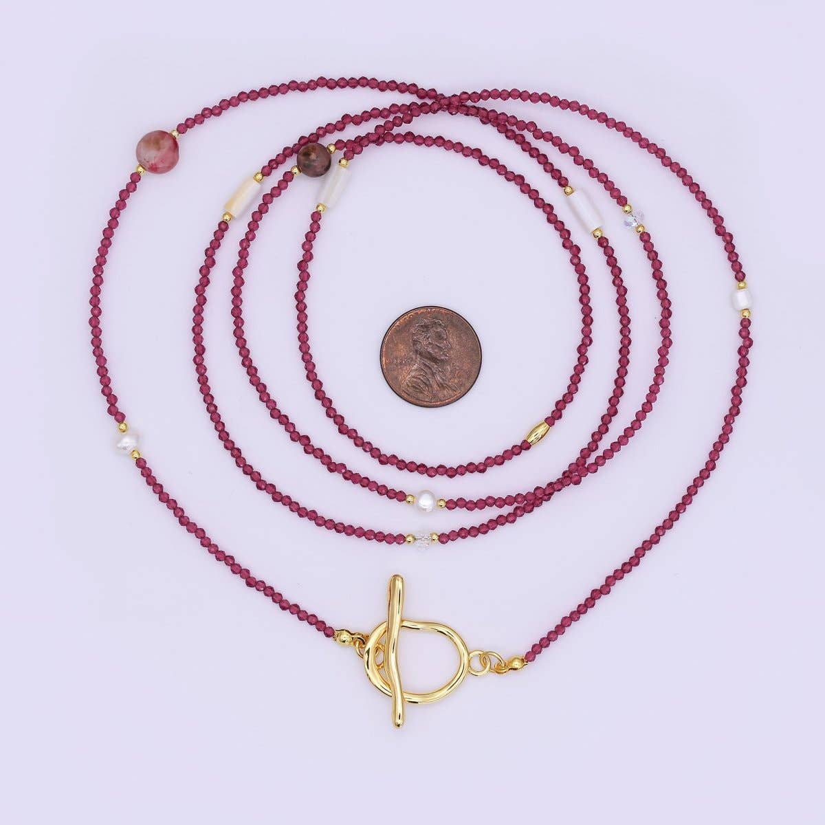 Shell Pearl Red Gemstone Necklace | 40" | 24k Gold Plated - Spiral Circle