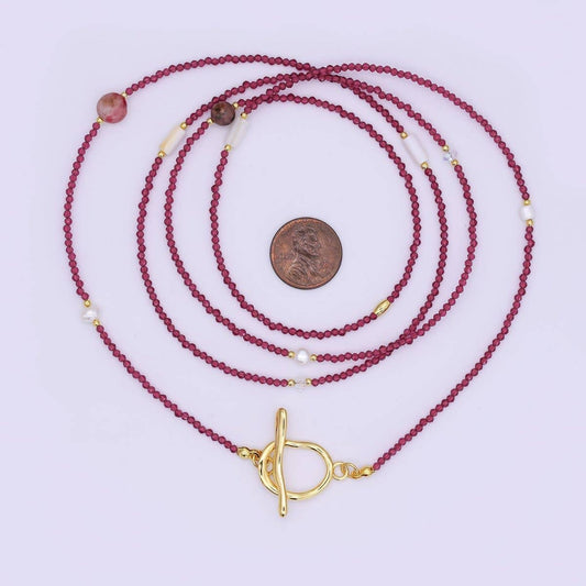 Shell Pearl Red Gemstone Necklace | 40" | 24k Gold Plated - Spiral Circle