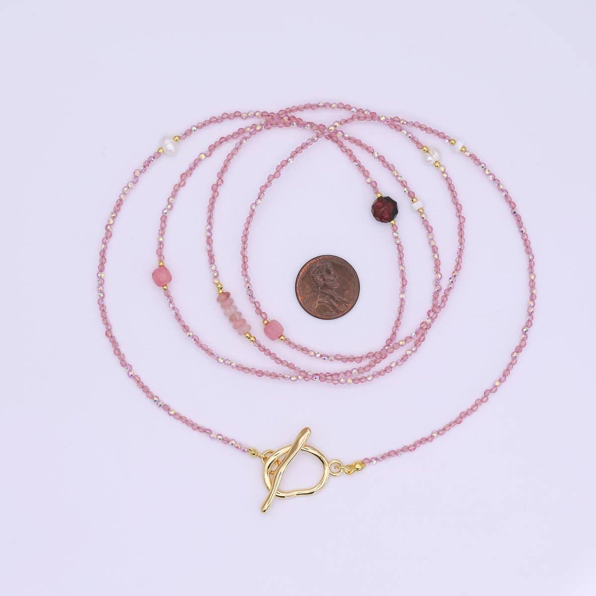 Shell Pearl Rose Pink Gemstone Necklace | 40" | 24k Gold Plated - Spiral Circle