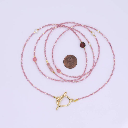 Shell Pearl Rose Pink Gemstone Necklace | 40" | 24k Gold Plated - Spiral Circle
