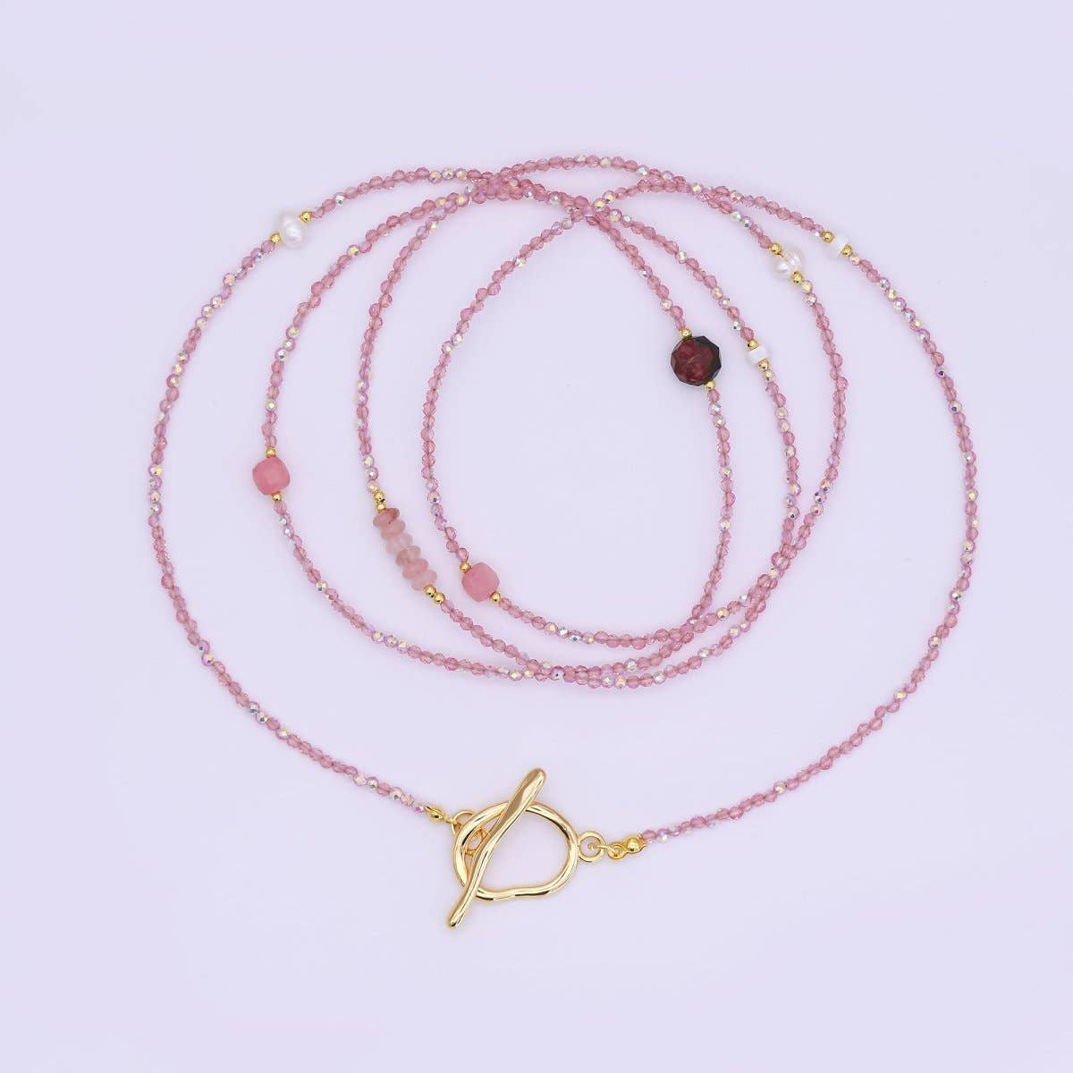 Shell Pearl Rose Pink Gemstone Necklace | 40" | 24k Gold Plated - Spiral Circle