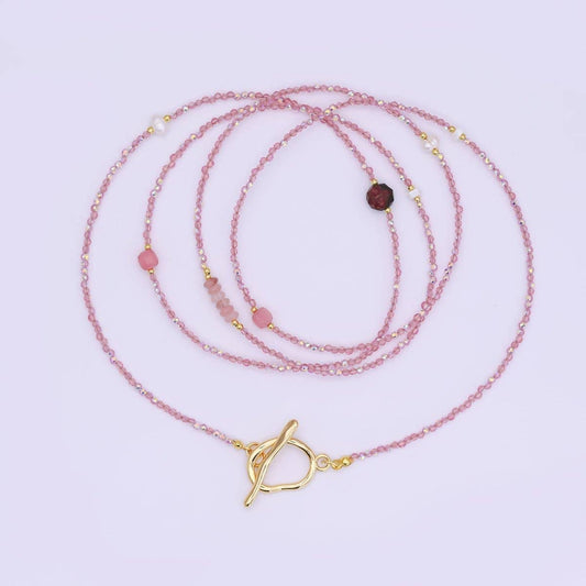 Shell Pearl Rose Pink Gemstone Necklace | 40" | 24k Gold Plated - Spiral Circle