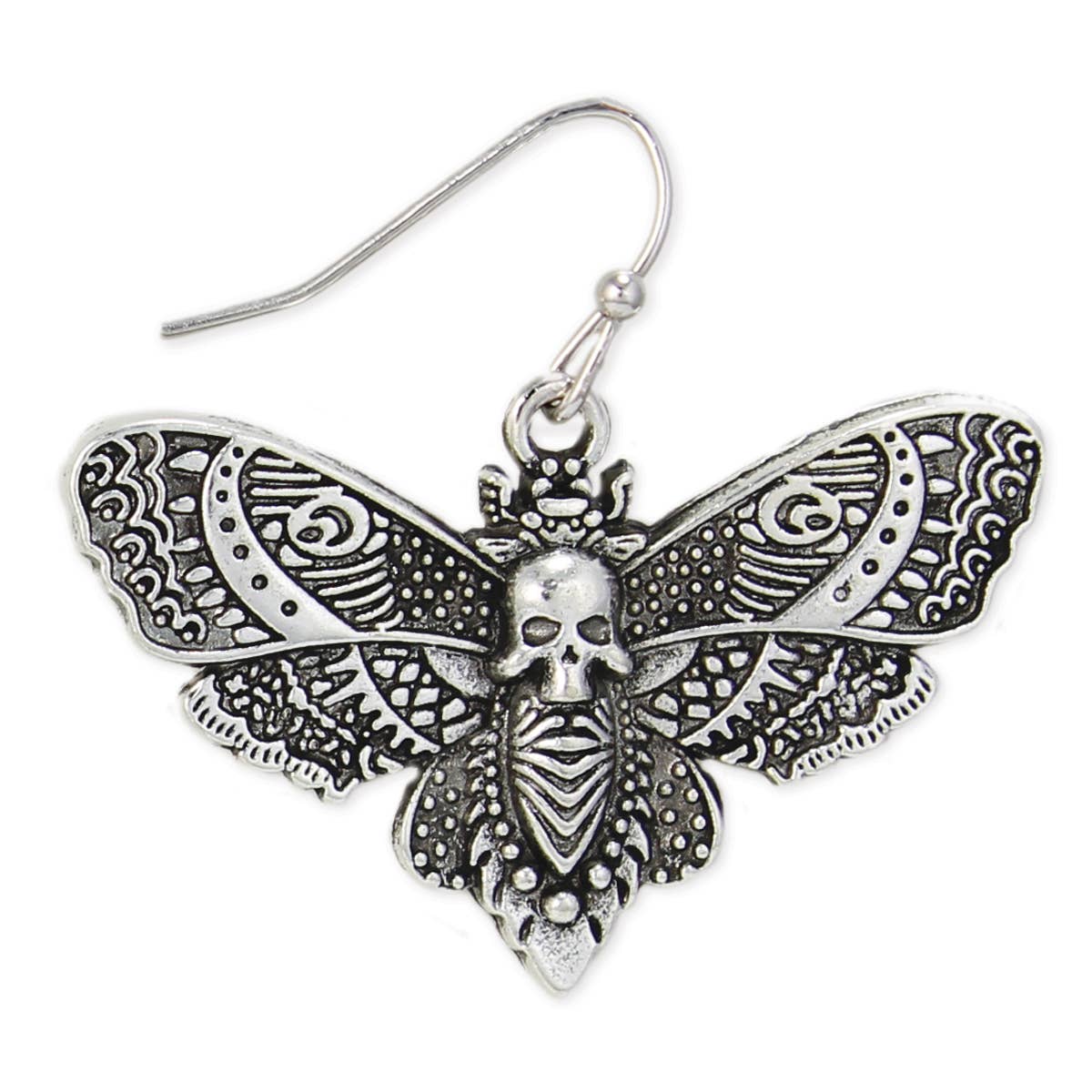 Silver Deaths Head Moth Earrings - Spiral Circle