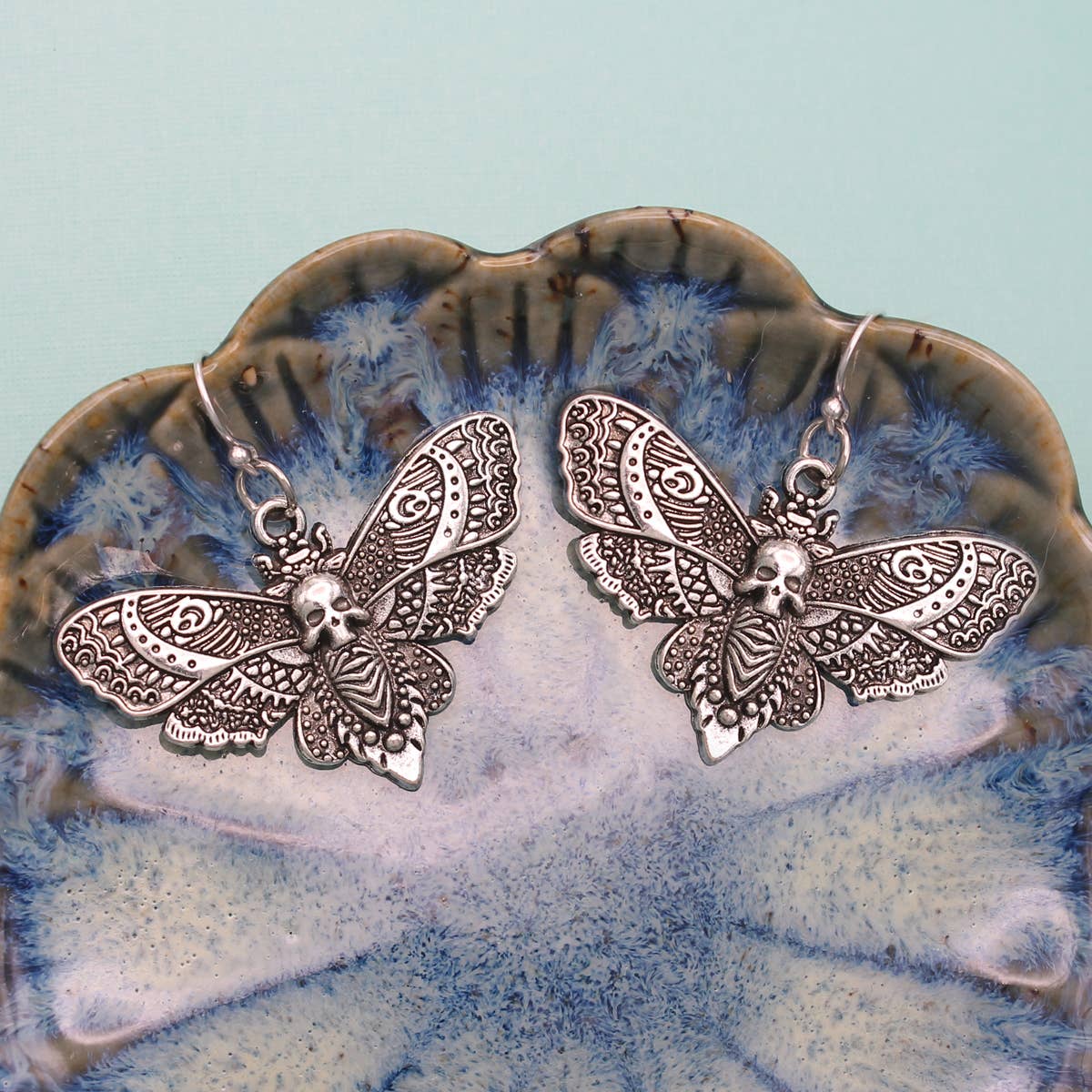 Silver Deaths Head Moth Earrings - Spiral Circle