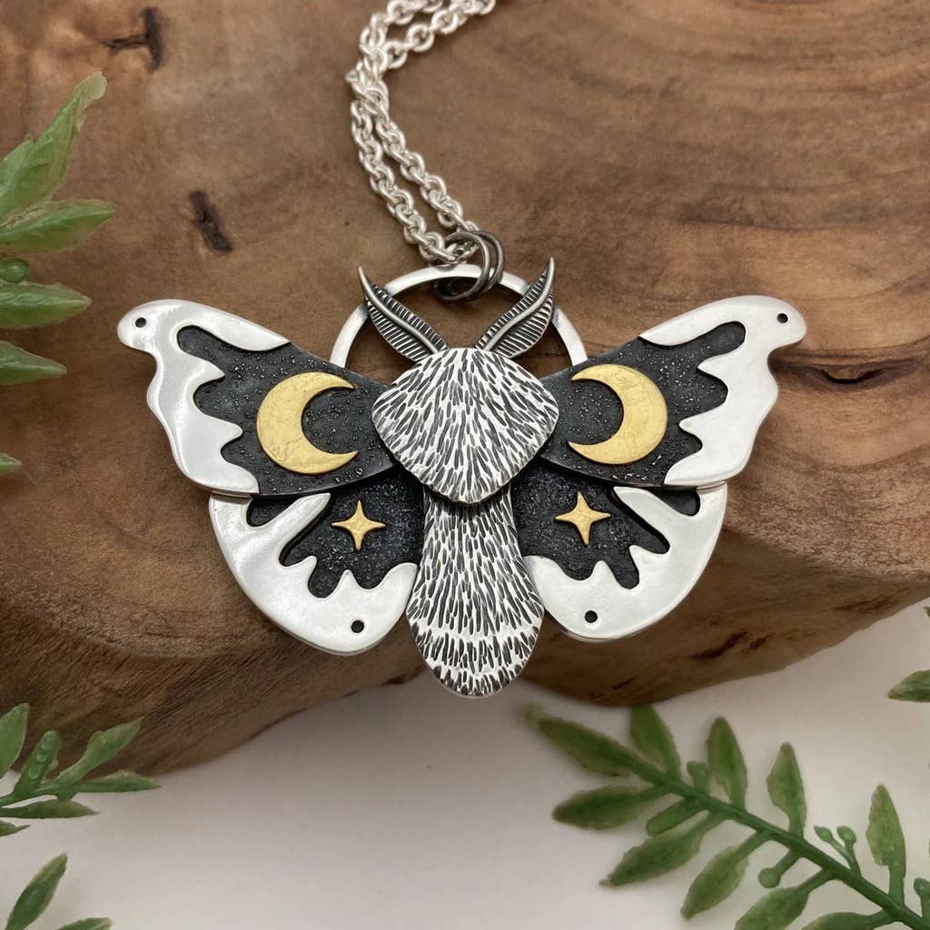 Silver Moth & Moon Necklace - Spiral Circle