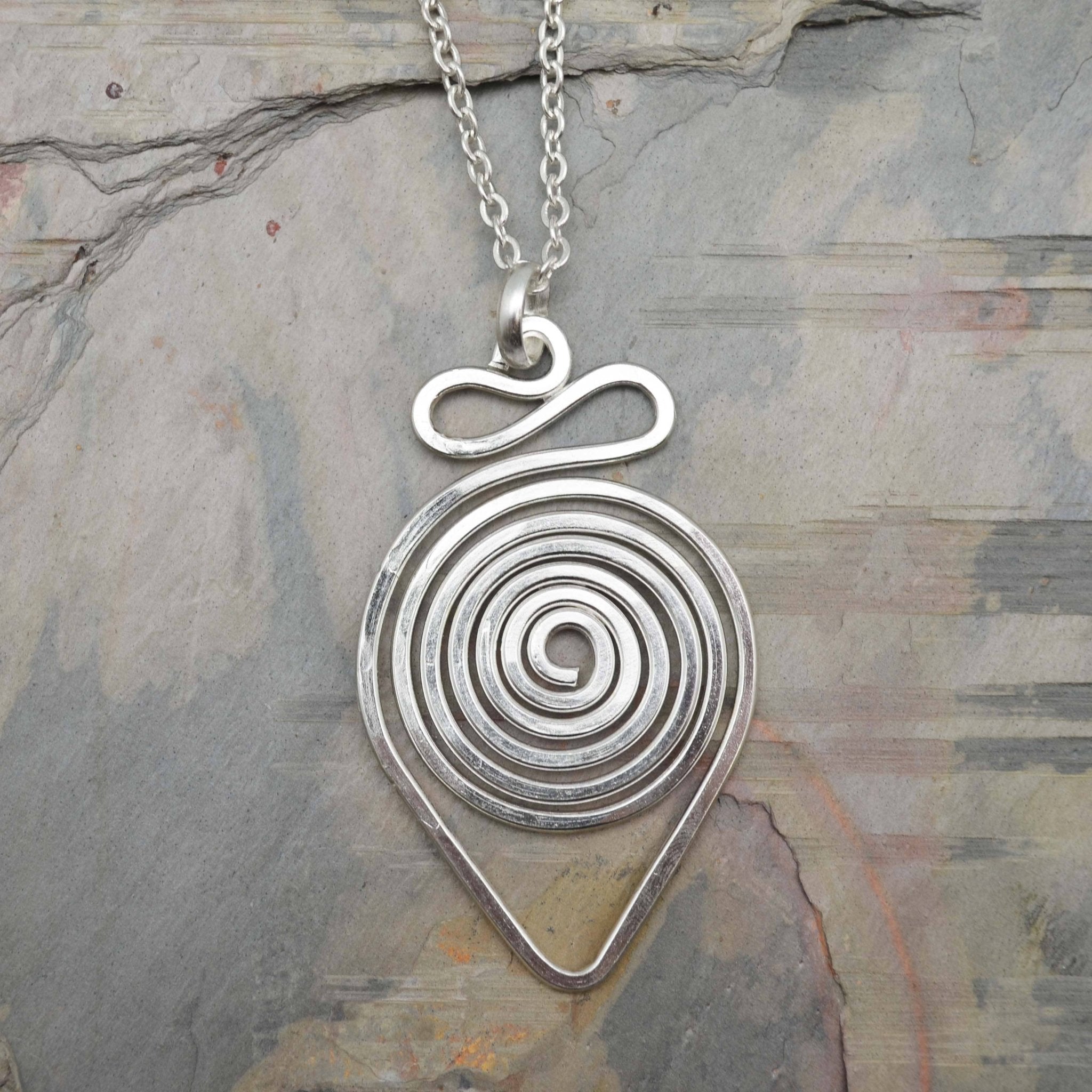 Silver Plated Pendant Necklace | Teardrop Spiral - Spiral Circle