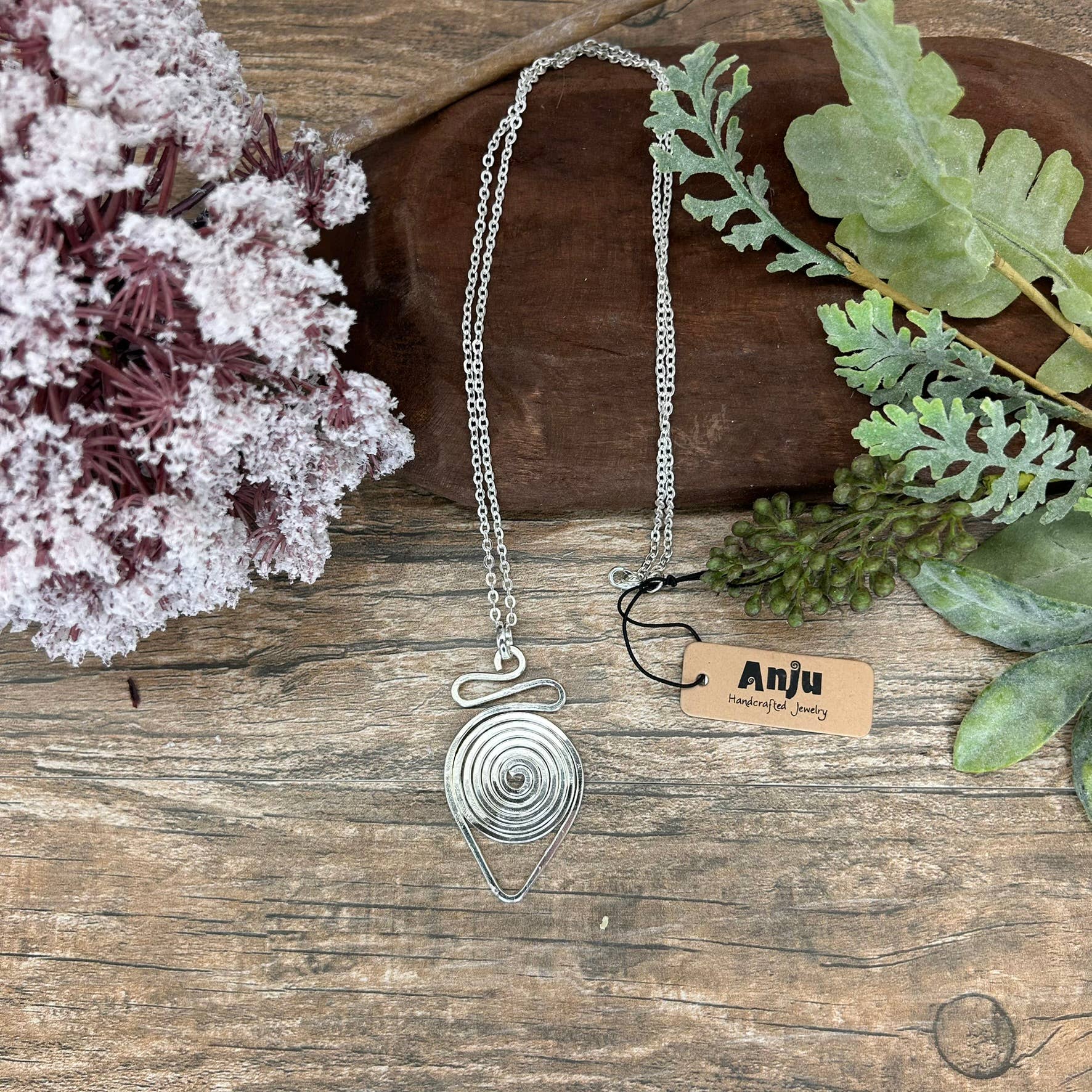 Silver Plated Pendant Necklace | Teardrop Spiral - Spiral Circle