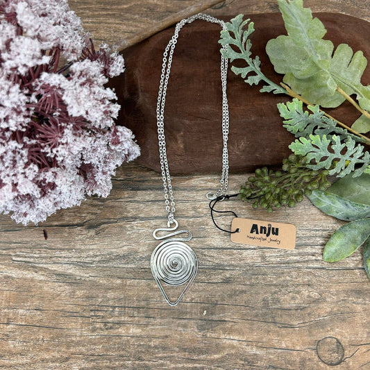 Silver Plated Pendant Necklace | Teardrop Spiral - Spiral Circle
