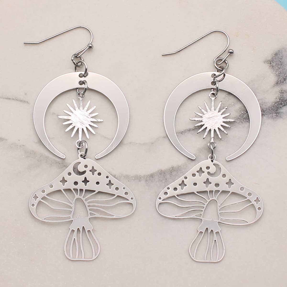 Silver Skies Mushroom Moon Earrings - Spiral Circle