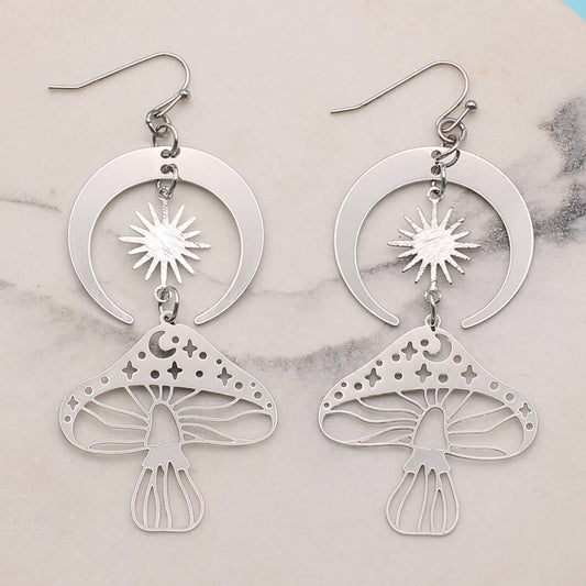 Silver Skies Mushroom Moon Earrings - Spiral Circle