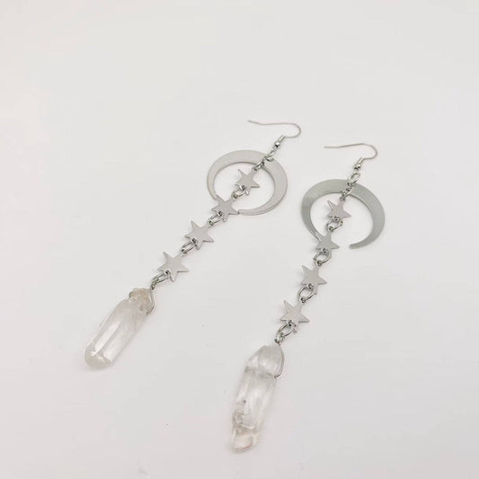Silver Star Moon White Crystal Pendant Earrings - Spiral Circle