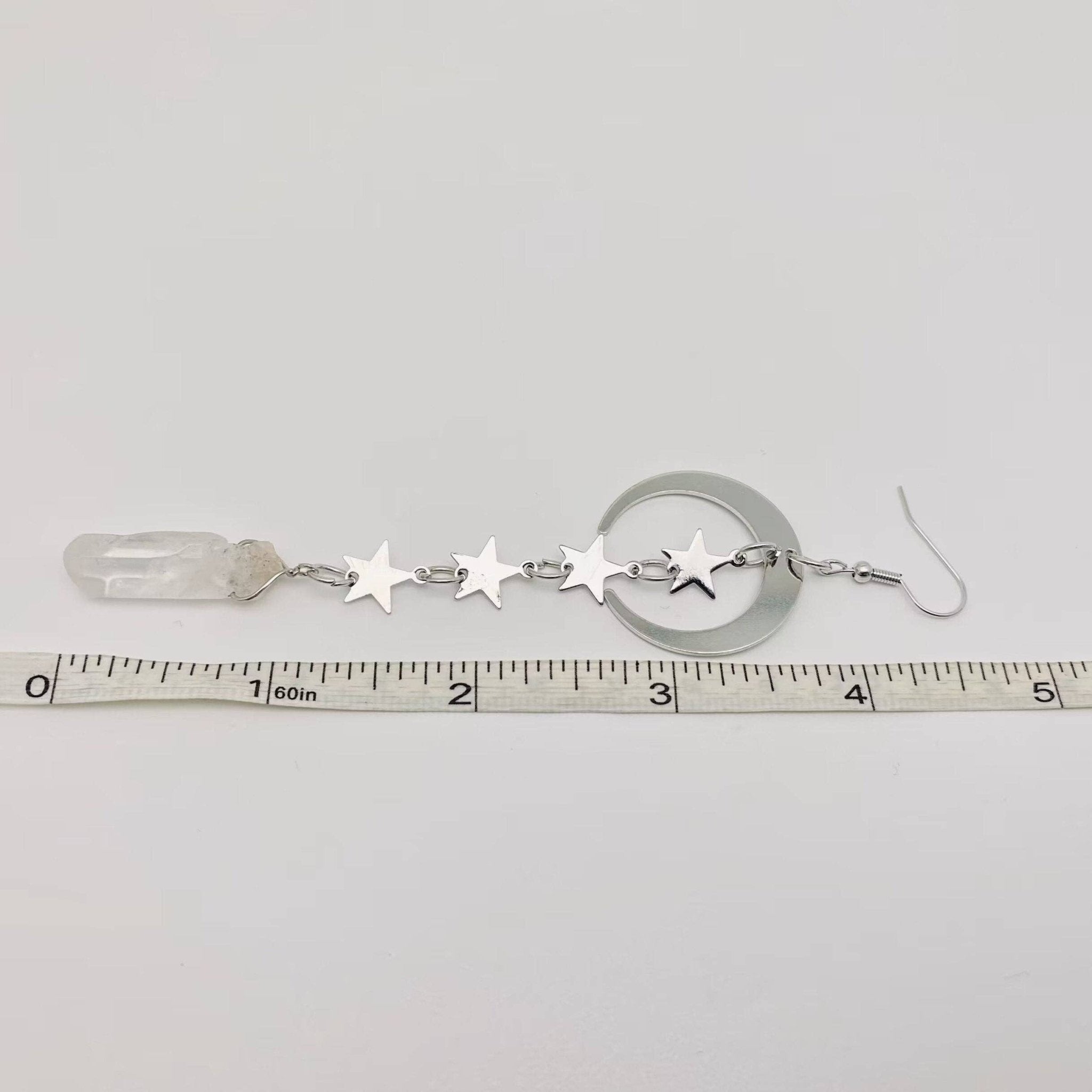 Silver Star Moon White Crystal Pendant Earrings - Spiral Circle