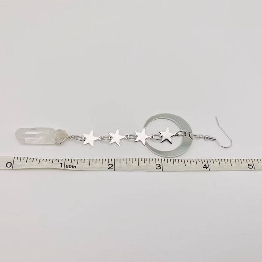 Silver Star Moon White Crystal Pendant Earrings - Spiral Circle