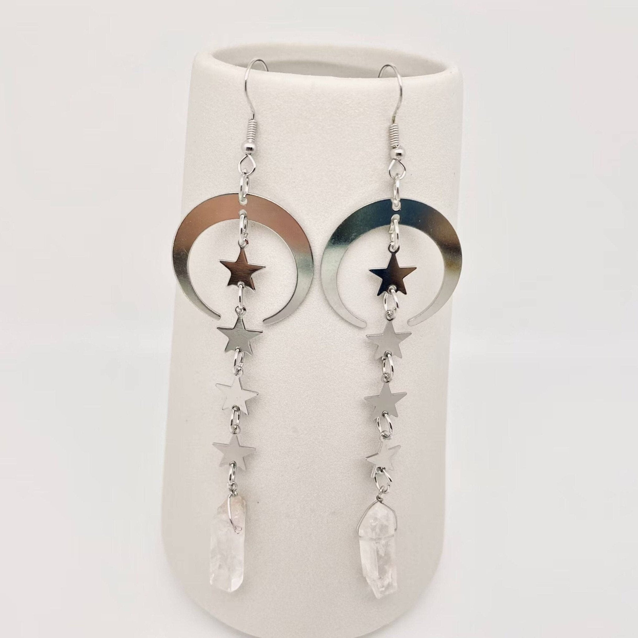 Silver Star Moon White Crystal Pendant Earrings - Spiral Circle