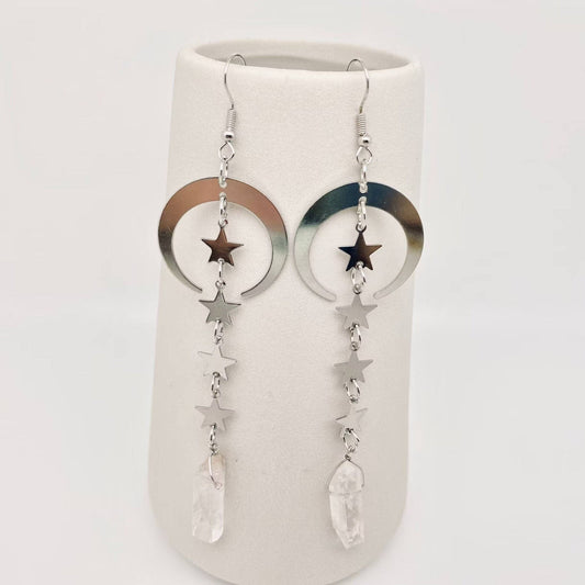 Silver Star Moon White Crystal Pendant Earrings - Spiral Circle