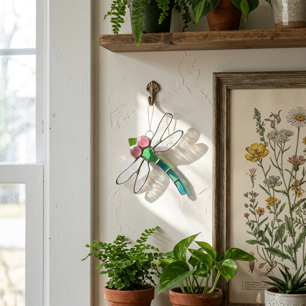 Small Dragonfly Stained Glass | 4" x 4" - Spiral Circle