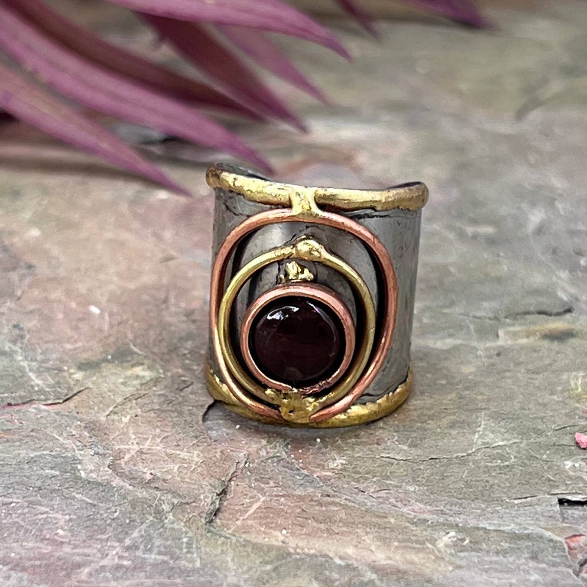 Small Stone Mixed Metal Cuff Rings - Spiral Circle