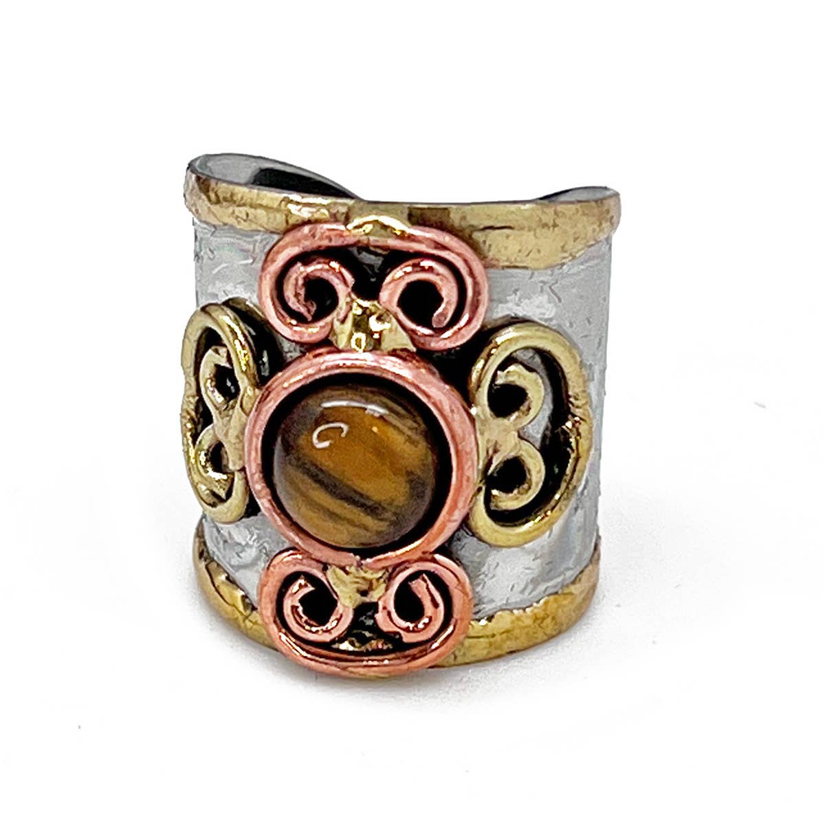 Small Stone Mixed Metal Cuff Rings - Spiral Circle