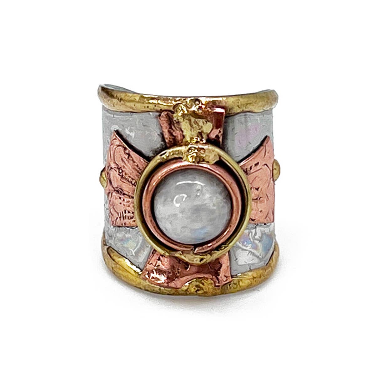 Small Stone Mixed Metal Cuff Rings - Spiral Circle