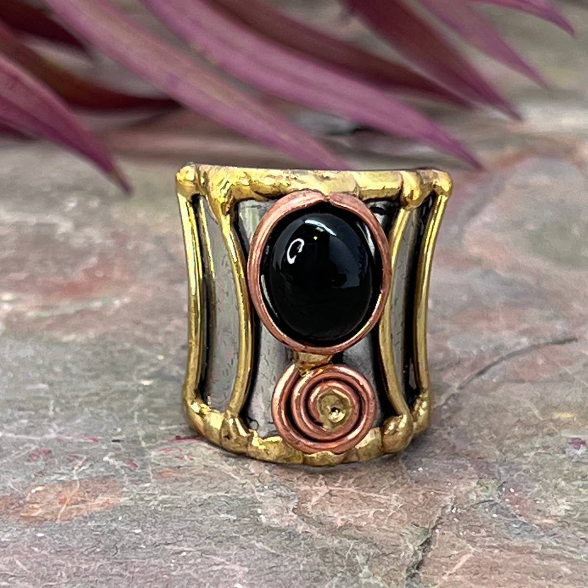 Small Stone Mixed Metal Cuff Rings - Spiral Circle