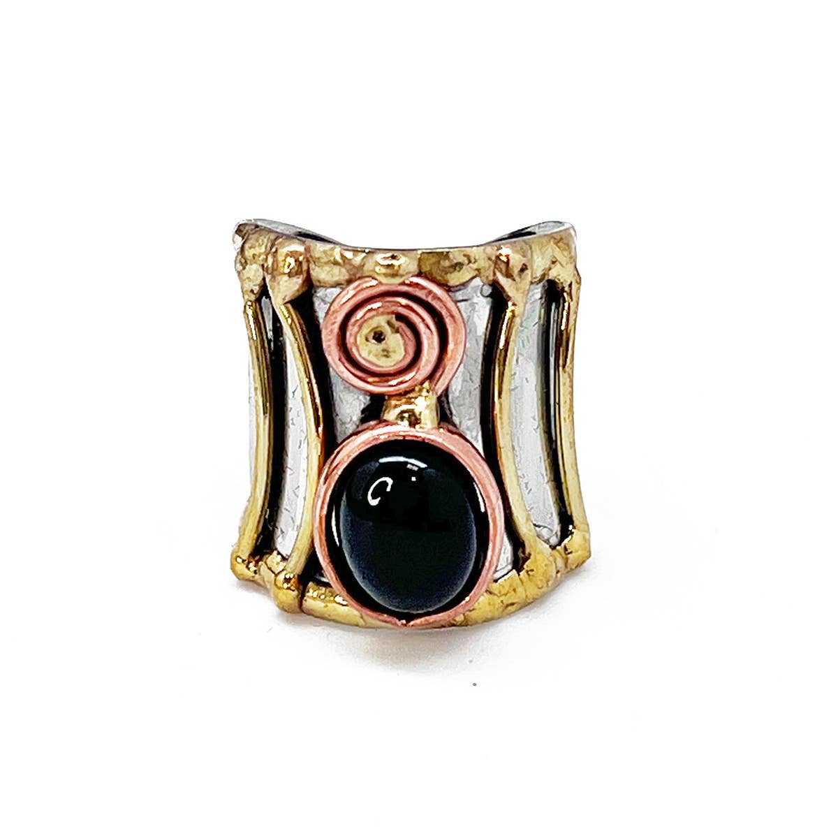 Small Stone Mixed Metal Cuff Rings - Spiral Circle