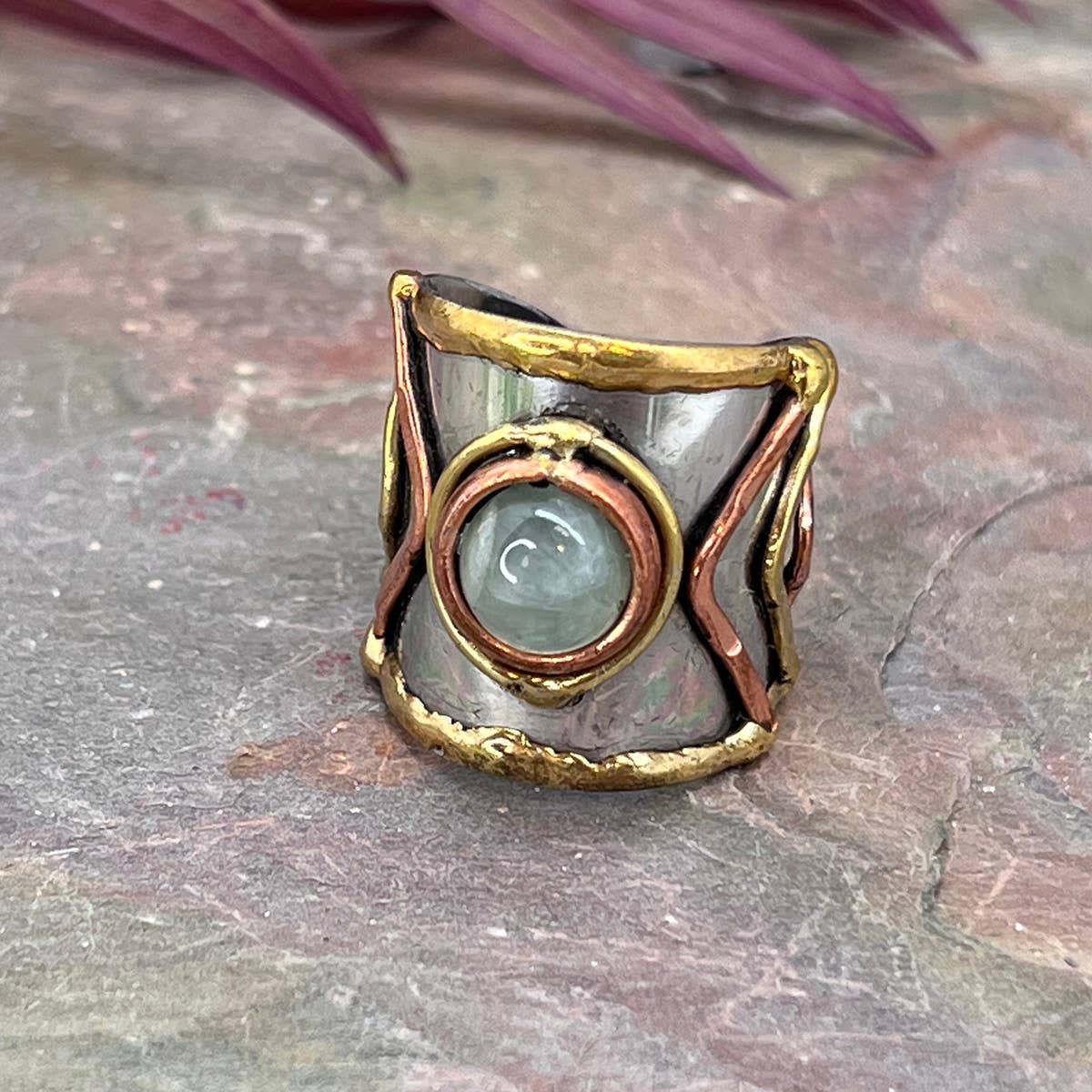 Small Stone Mixed Metal Cuff Rings - Spiral Circle