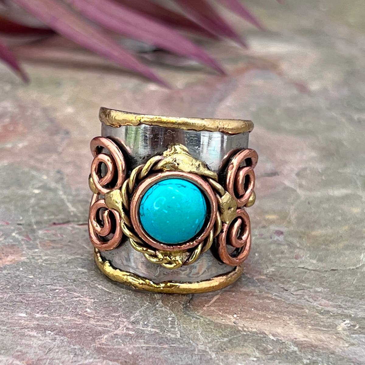 Small Stone Mixed Metal Cuff Rings - Spiral Circle