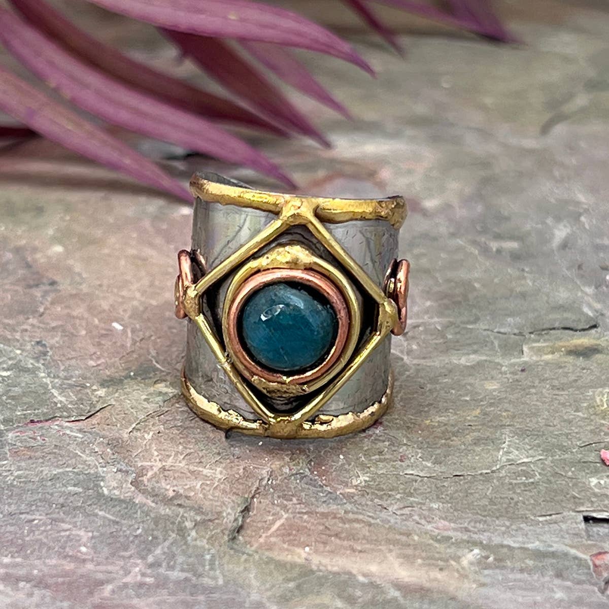 Small Stone Mixed Metal Cuff Rings - Spiral Circle