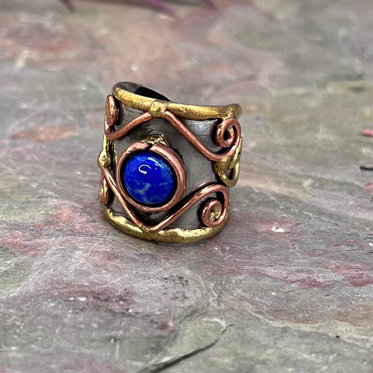 Small Stone Mixed Metal Cuff Rings - Spiral Circle