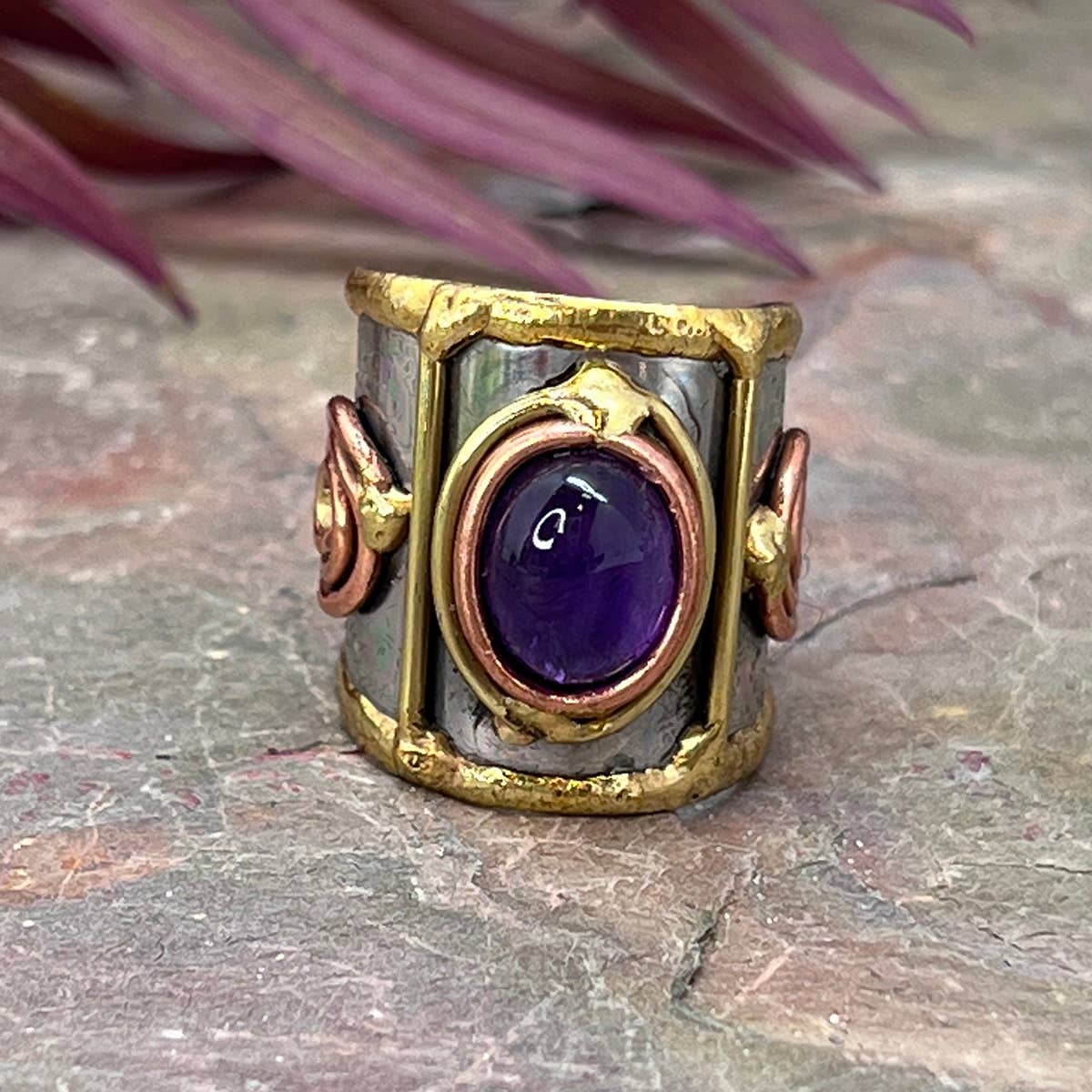 Small Stone Mixed Metal Cuff Rings - Spiral Circle