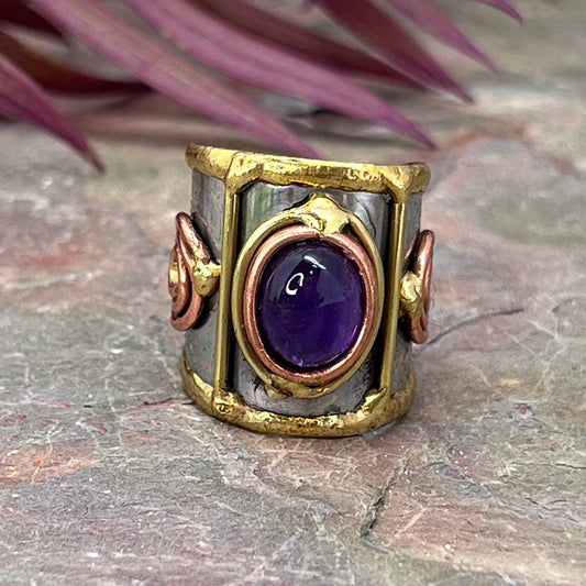 Small Stone Mixed Metal Cuff Rings - Spiral Circle