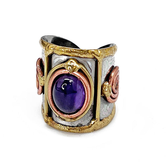 Small Stone Mixed Metal Cuff Rings - Spiral Circle