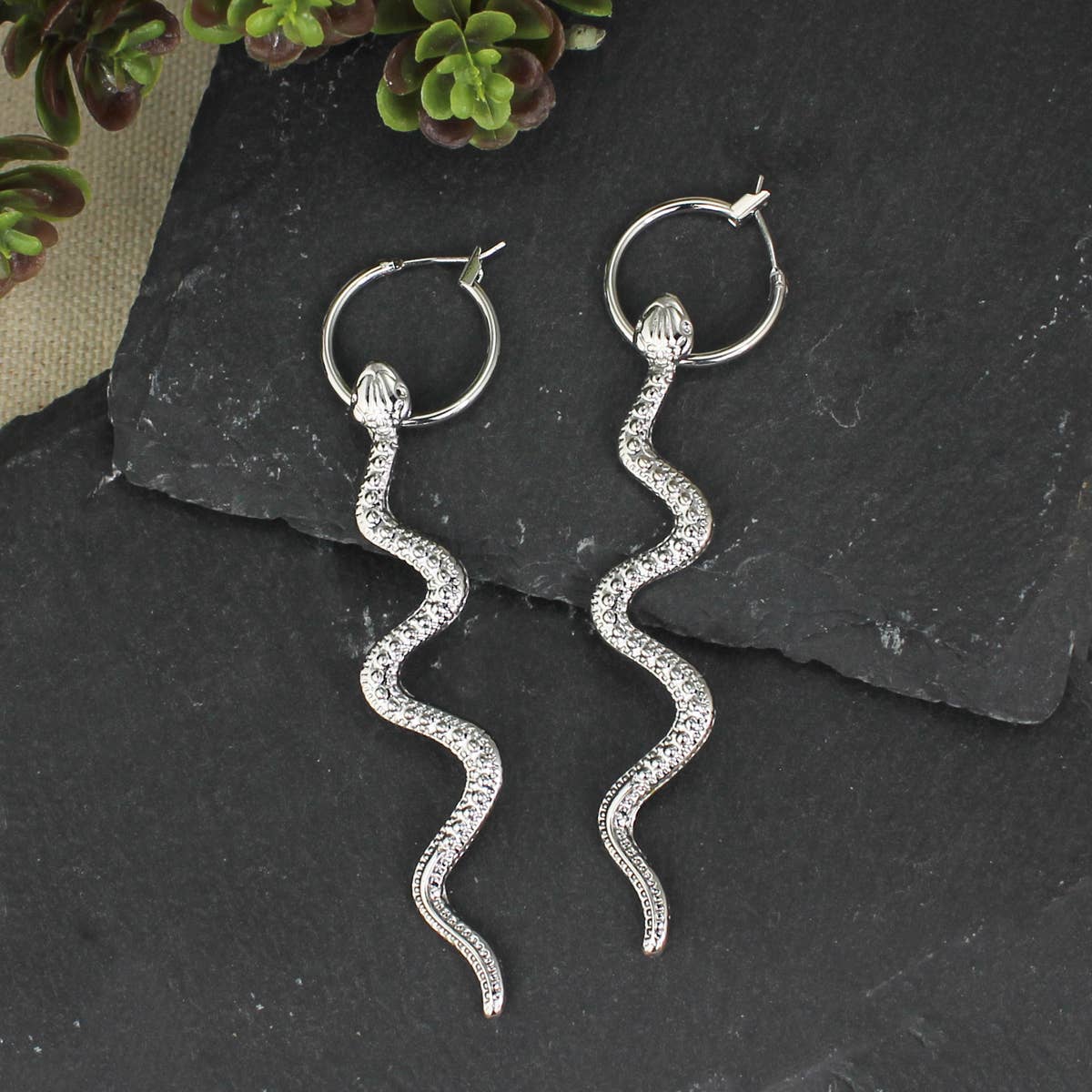 Snake Bite Silver Hoop Serpent Earrings - Spiral Circle