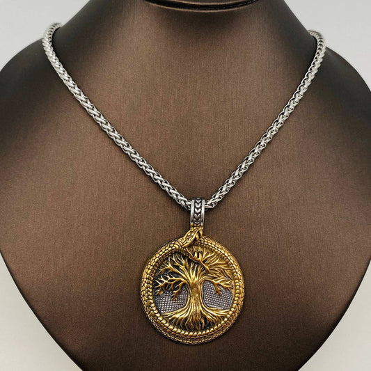 Snake Tree of Life Charm Pendant Necklace - Spiral Circle