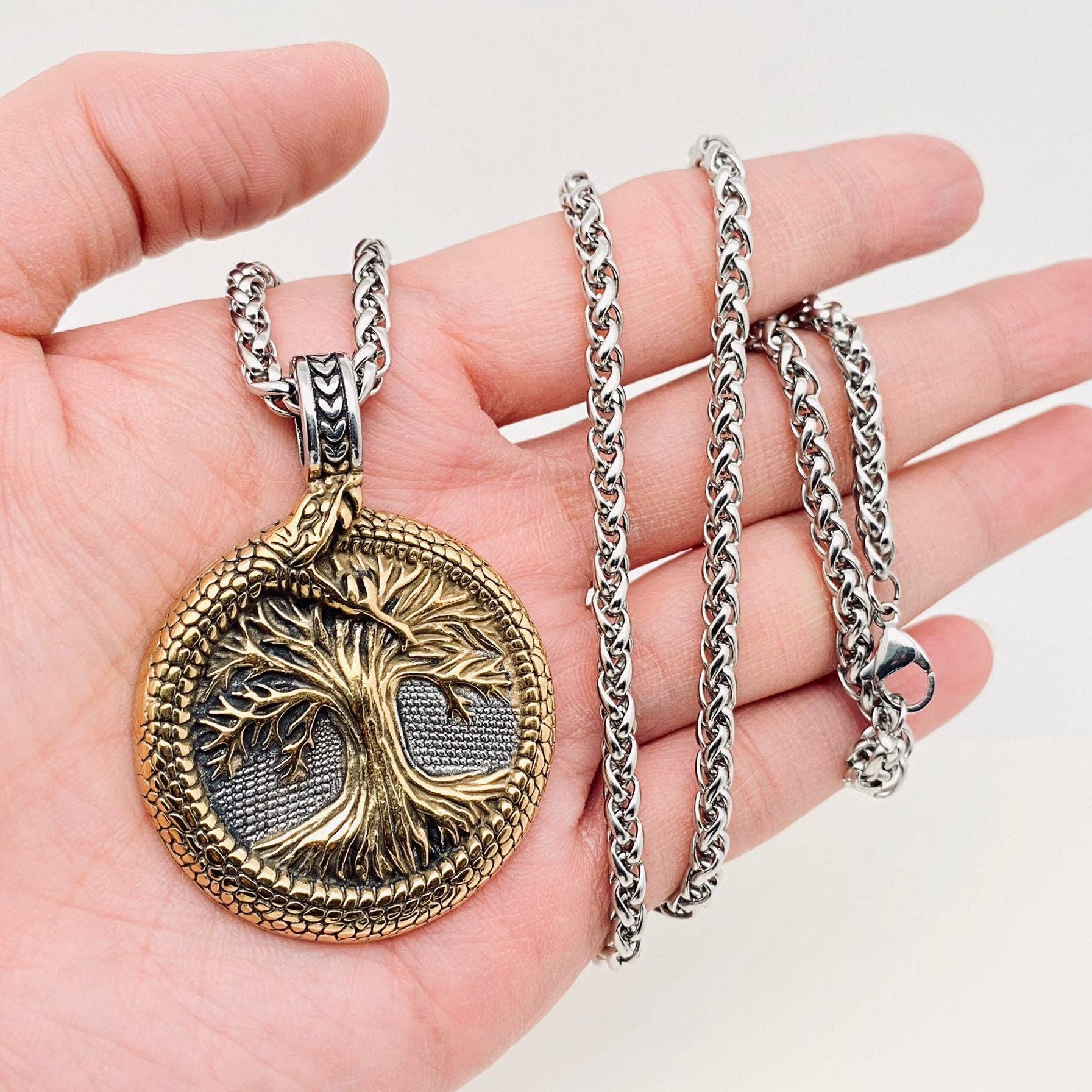 Snake Tree of Life Charm Pendant Necklace - Spiral Circle