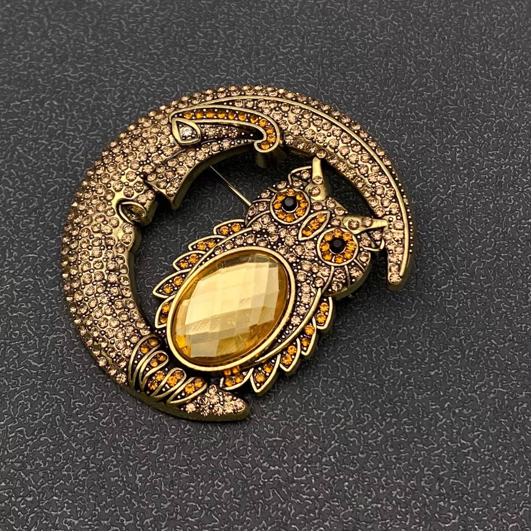 Sparkling Rhinestone Moon & Galss Owl Brooch - Spiral Circle
