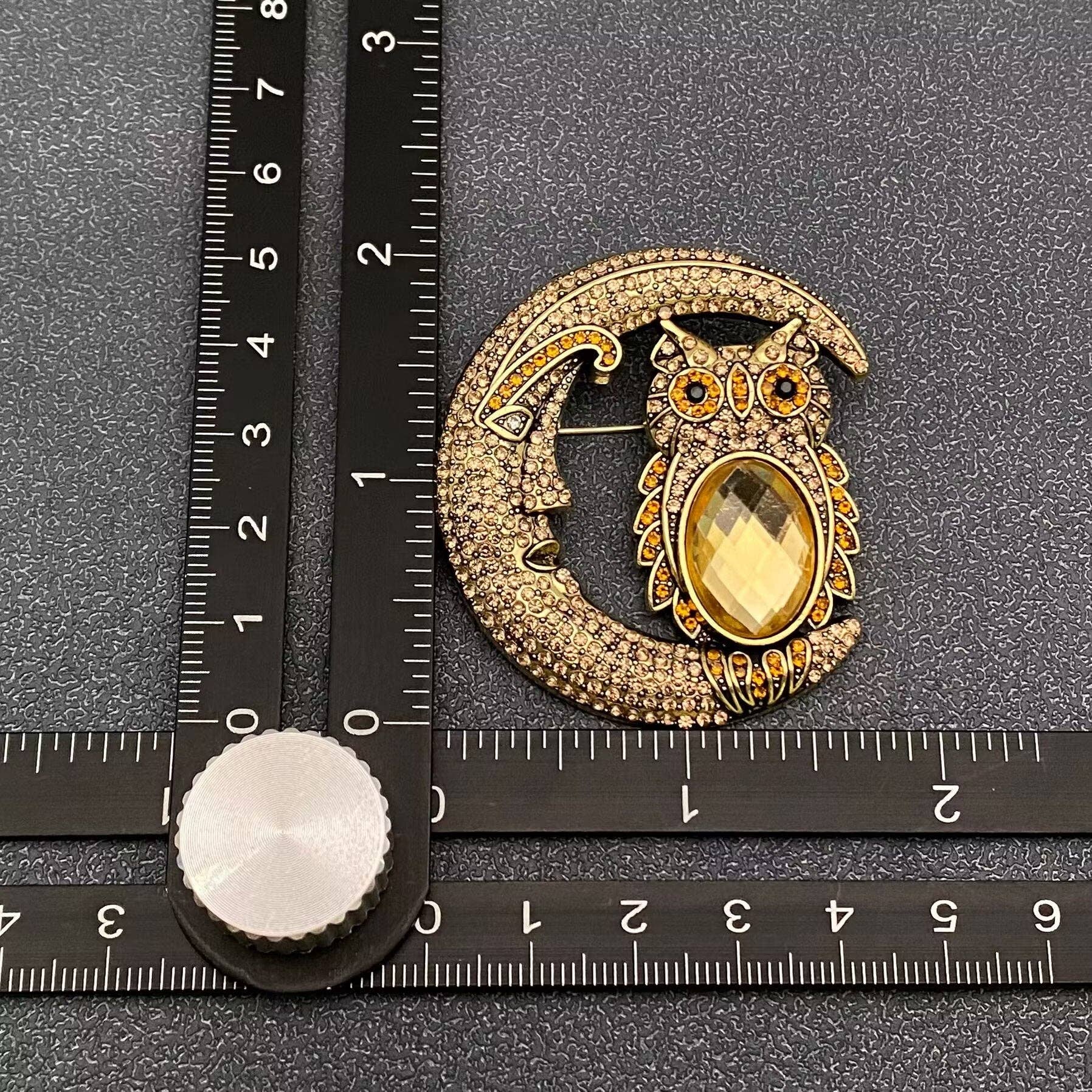 Sparkling Rhinestone Moon & Galss Owl Brooch - Spiral Circle