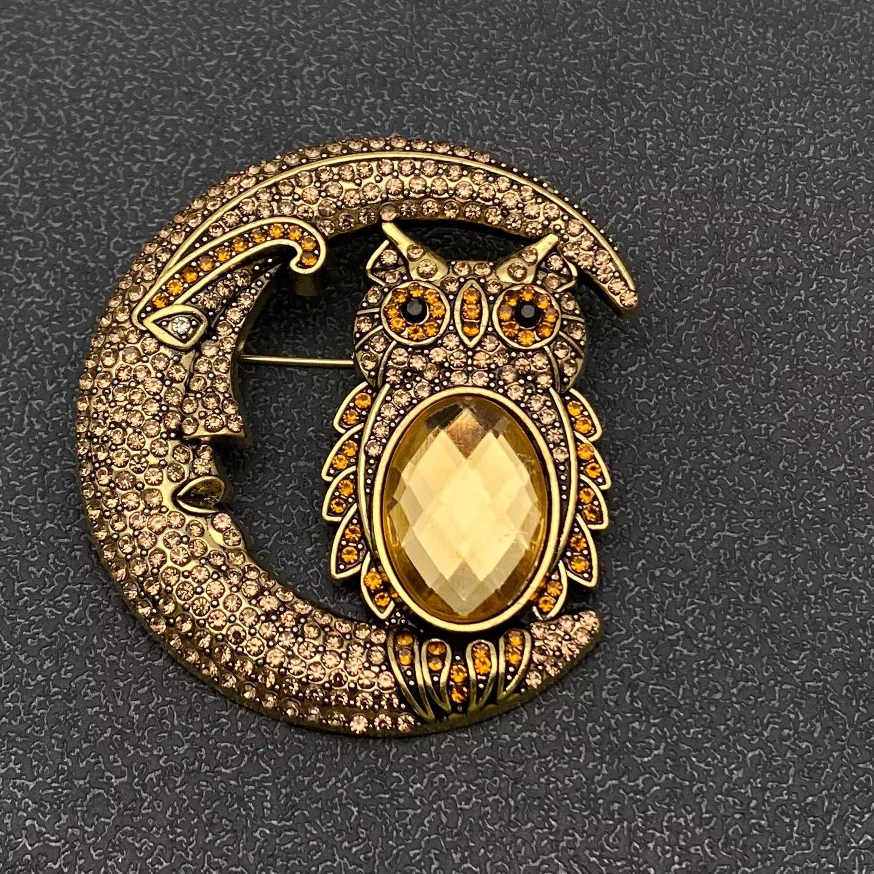 Sparkling Rhinestone Moon & Galss Owl Brooch - Spiral Circle