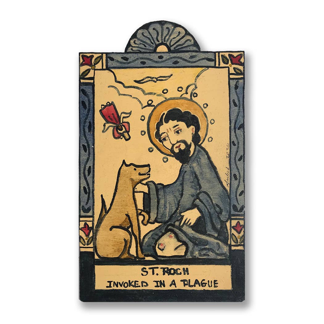 St. Roch | Invoked in a Plague | Wooden Pocket Plaque - Spiral Circle